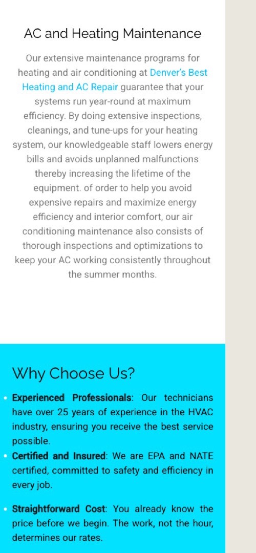New Denver's Best Heating & AC Repair website — mobile