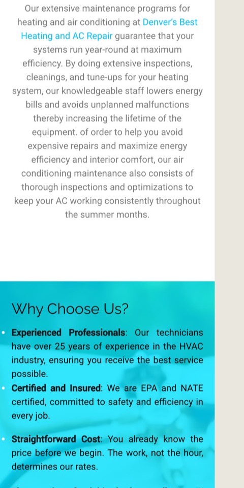 Current Denver's Best Heating & AC Repair website — mobile